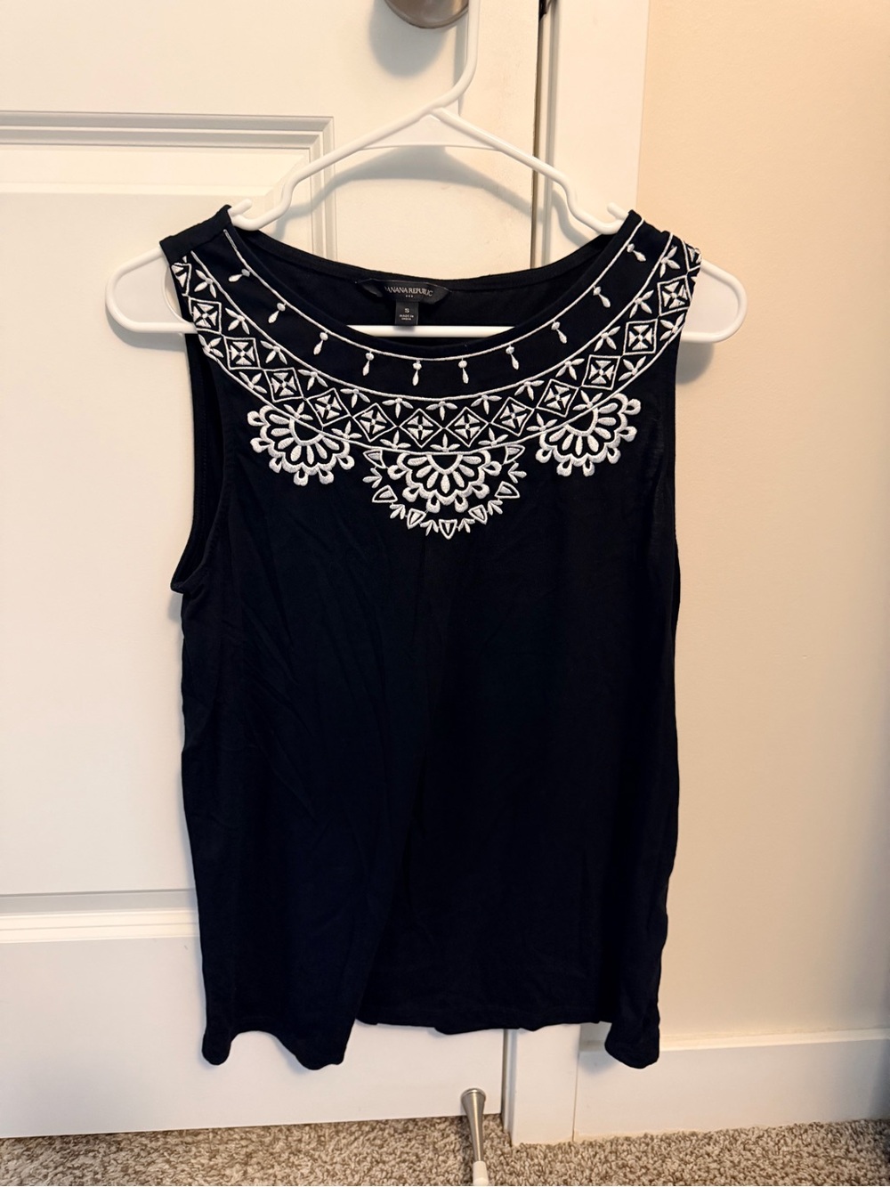 Banana Republic Black Sleeveless Top with White Embroidered Yoke